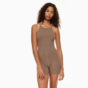 Aritzia Wilfred Free Halter  Cross Back Leila 5"
Romper Deep Taupe Size S NWT